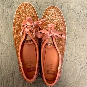 Kate Spade Sz 8 Rose Gold Glitter Edition Keds with ribbon laces.